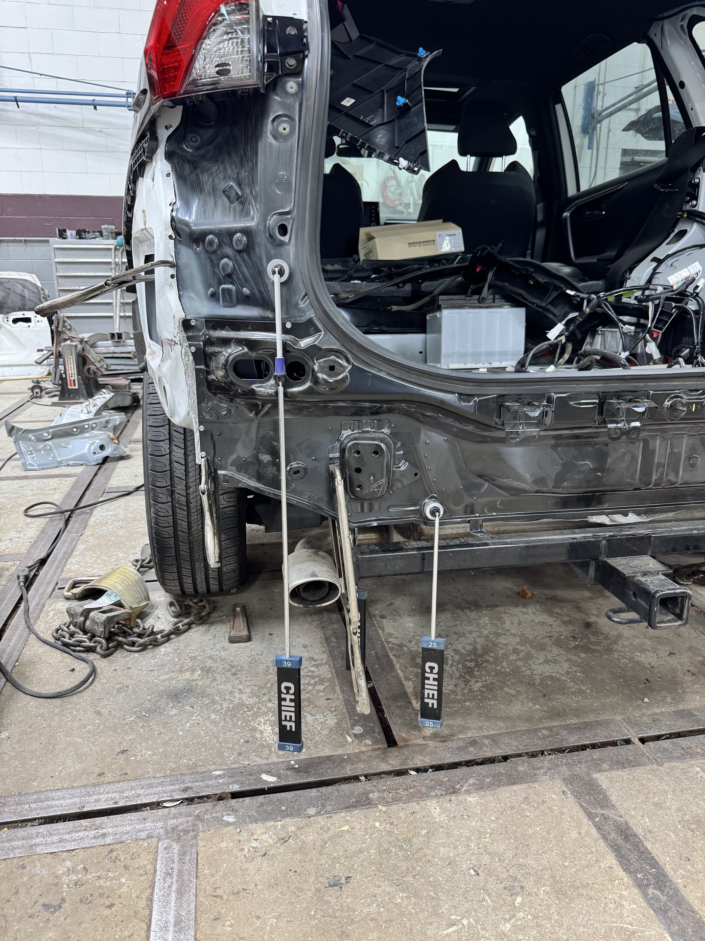 2022 Toyota RAV4 on a Chief frame rack with structural measuring system at Bob Rohrman Collision Repair Center in Lafayette, Indiana