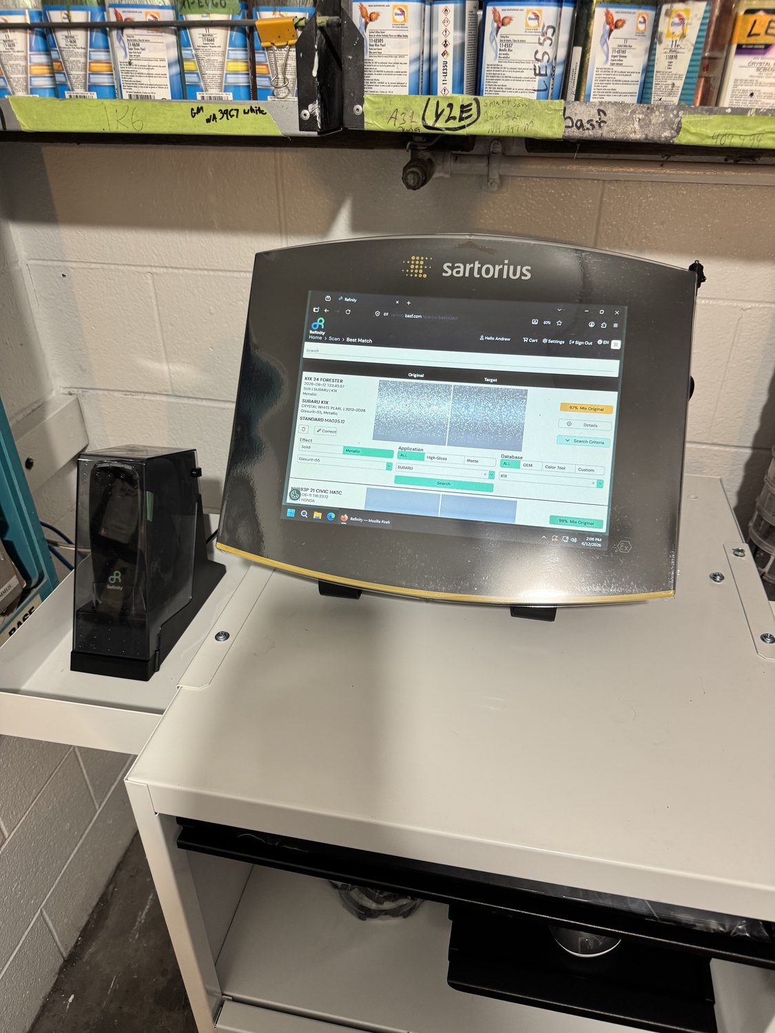 BASF Refinity color-match software on the Sartorius touchscreen comparing the scanned original color against the target match at Bob Rohrman Collision Repair Center in Lafayette, Indiana