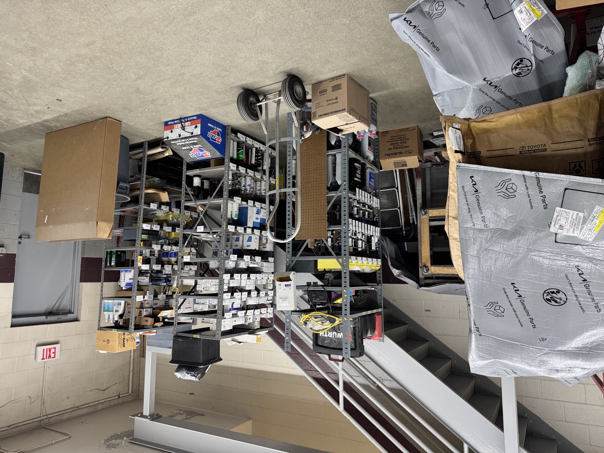 Parts shelving with organized inventory at Bob Rohrman Collision Repair Center Lafayette Indiana